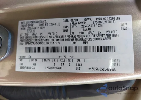 2020 Ford Escape Se from USA, damaged, VIN 1FMCU0G63LUC01539